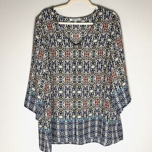 Rose + Olive Womens 1X Lightweight Pullover Tunic Blouse Multicolor Geometric